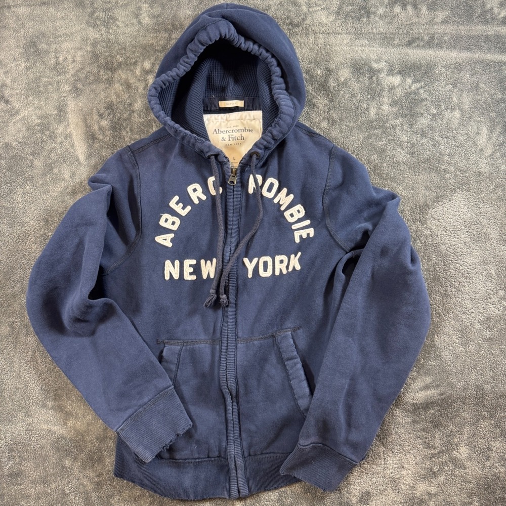 Abercrombie & Fitch Hoodie Mens Large Muscle Zip Up Navy New York Y2K Waffle